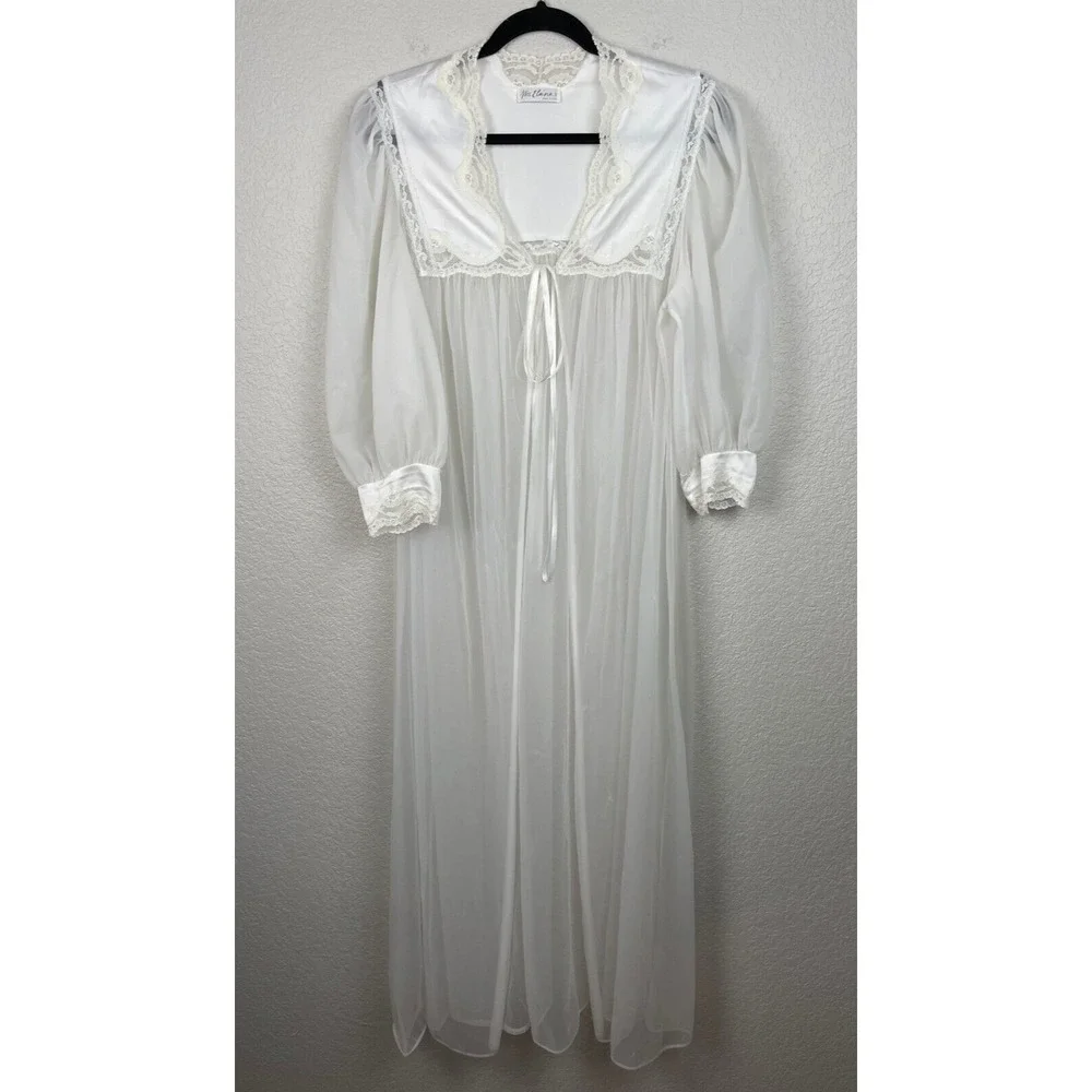 Vtg Miss Elaine CHIFFON PEIGNOIR Robe HOUSECOAT Large White Sheer Union Made USA